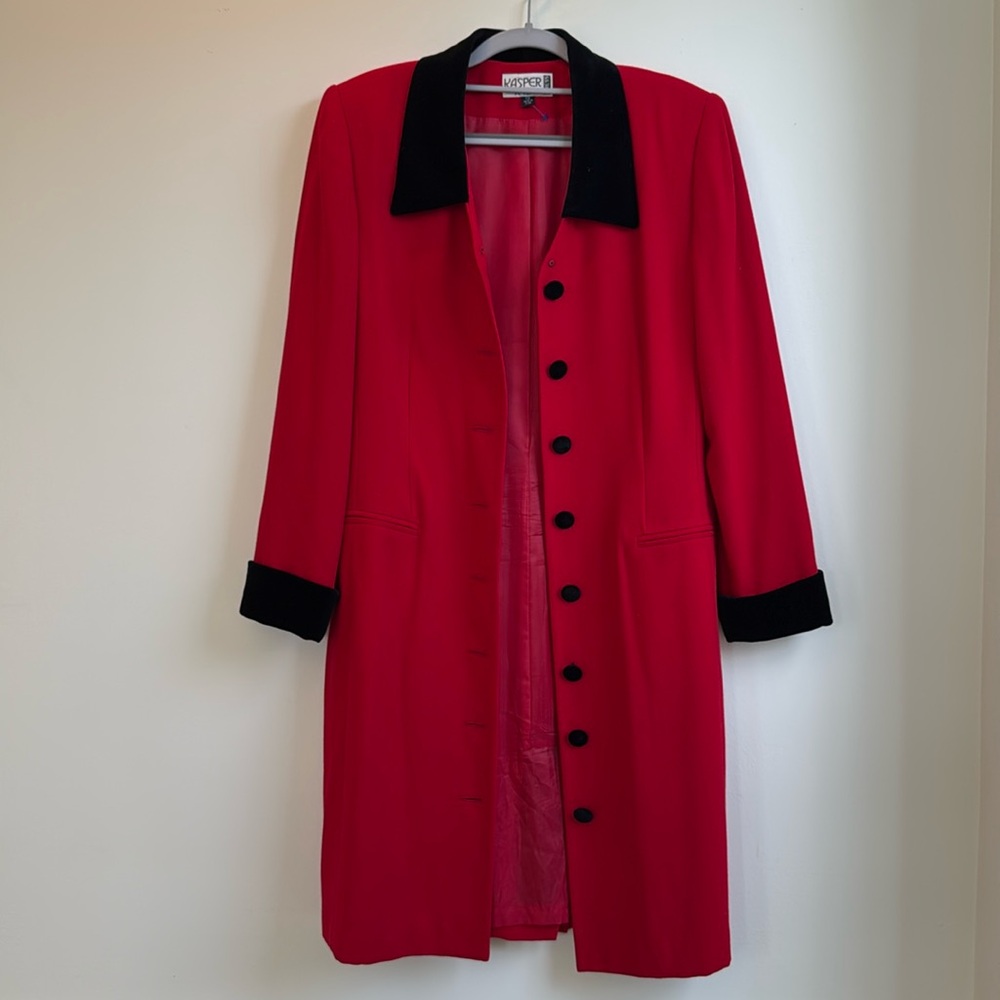 Vtg Kasper Elegant Red and Velvet Long Jacket